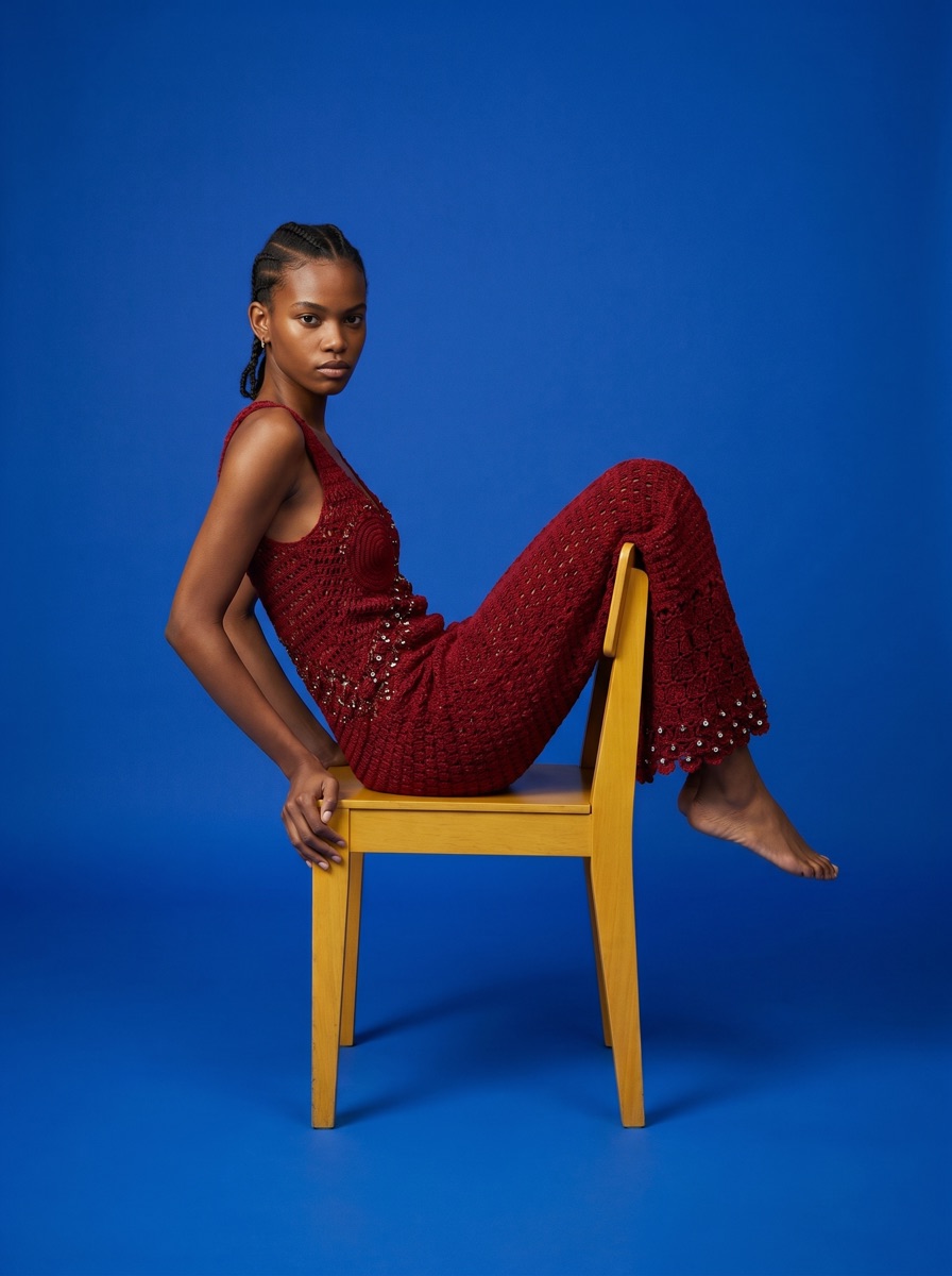 AI fashion model in a red jumpsuit on a blue set created with rIMAGEx