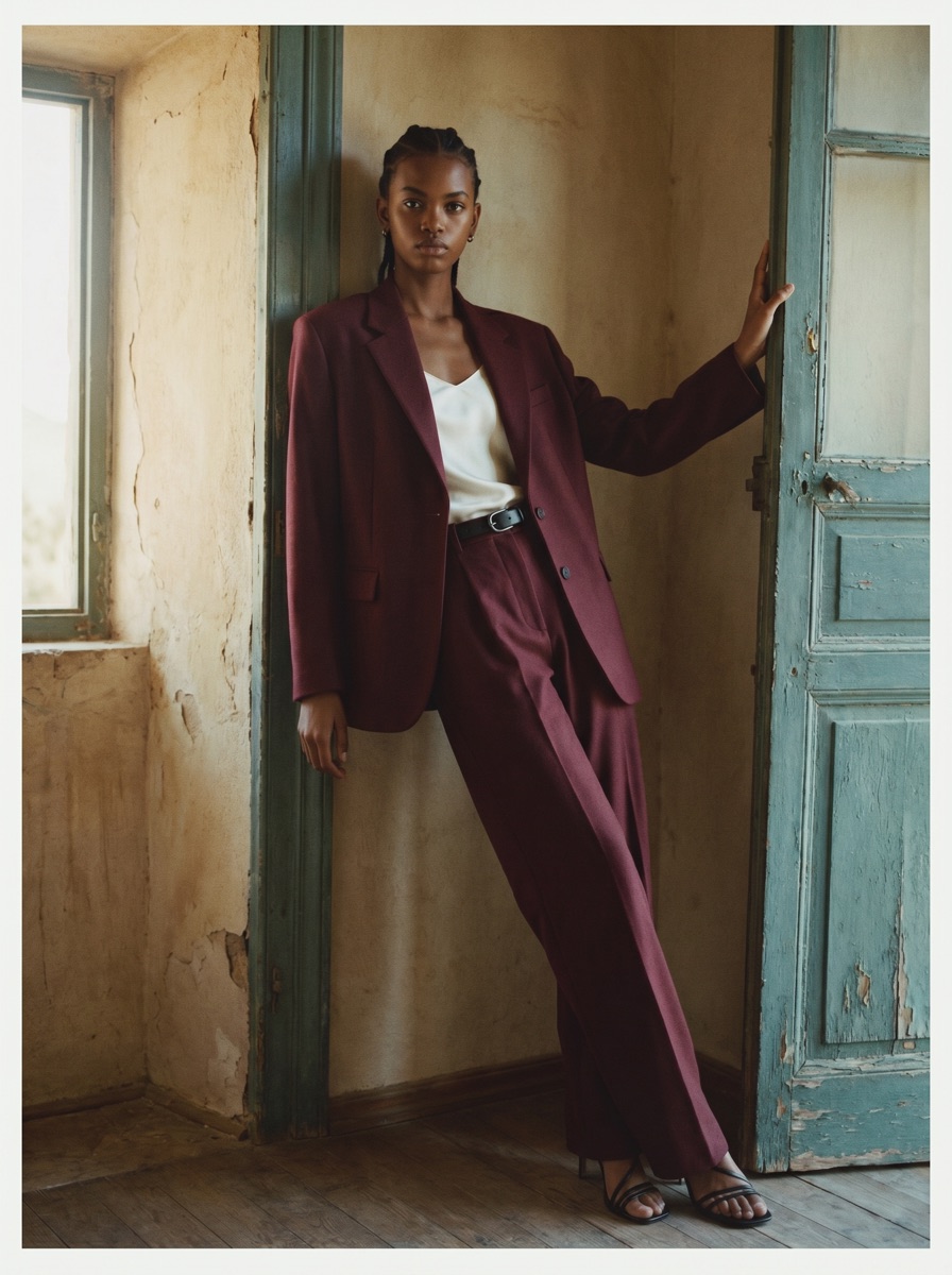 Editorial AI campaign image of the burgundy suit in a sunlit interior