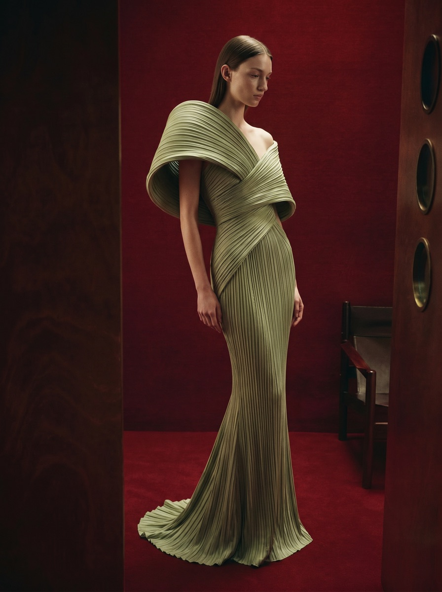 Editorial AI campaign image of the sage-green pleated gown in a deep-red set