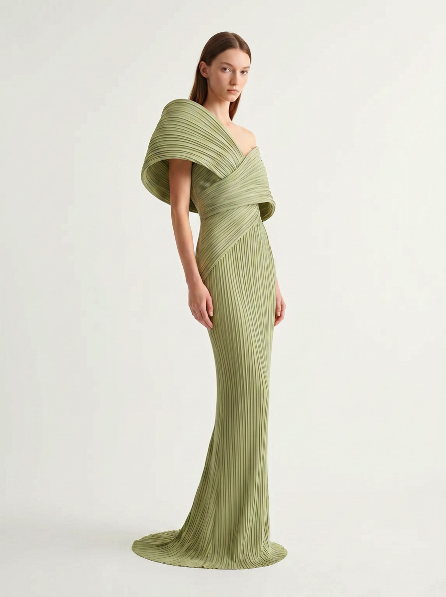 AI e-commerce product shot of the sage-green pleated gown on a model, neutral studio background