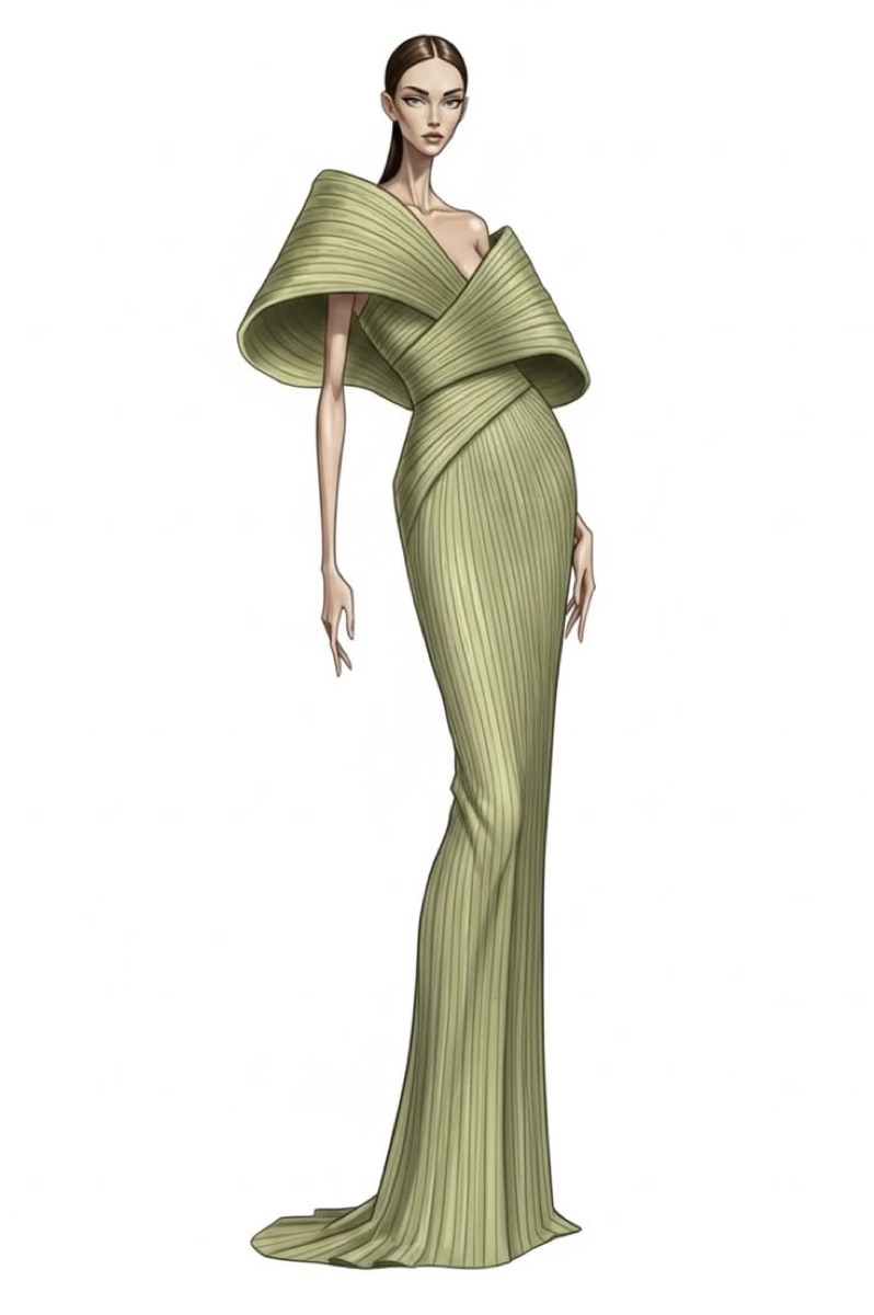 Fashion sketch of a sage-green pleated column gown