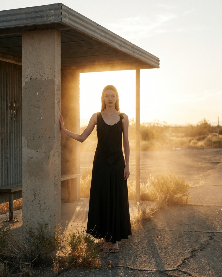 AI fashion campaign, same model in a long black dress at golden hour