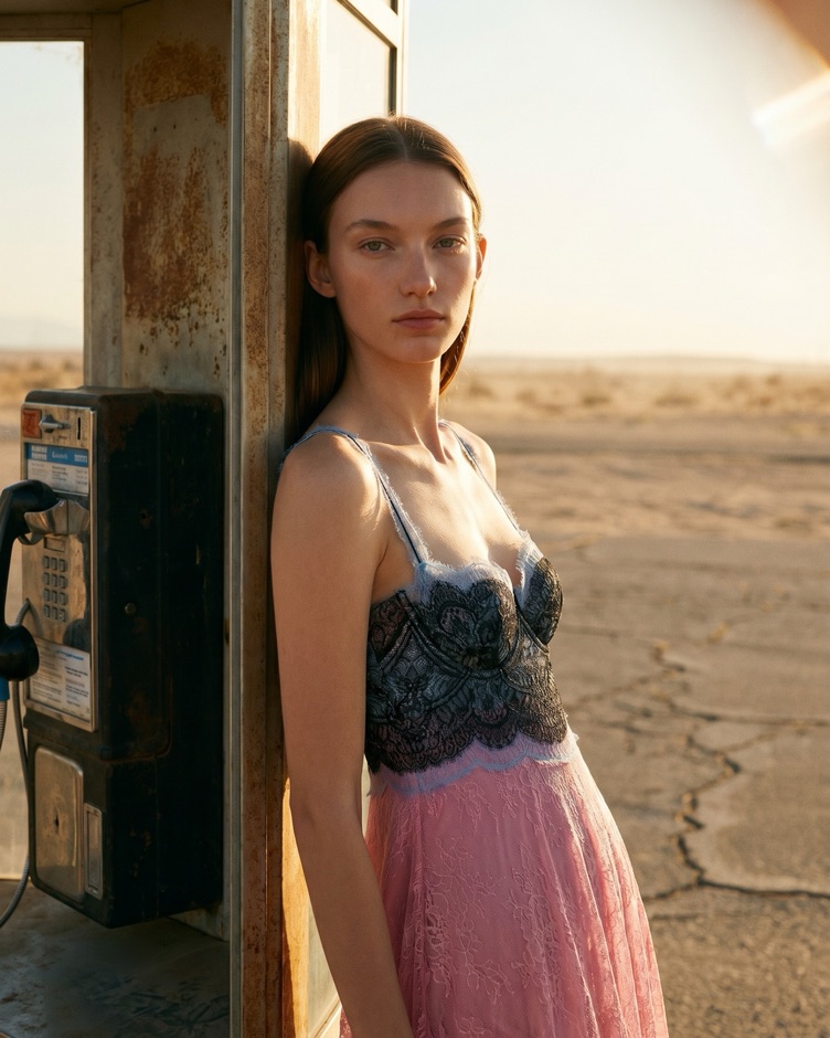 AI fashion campaign, same model in a pink ombre dress, second look