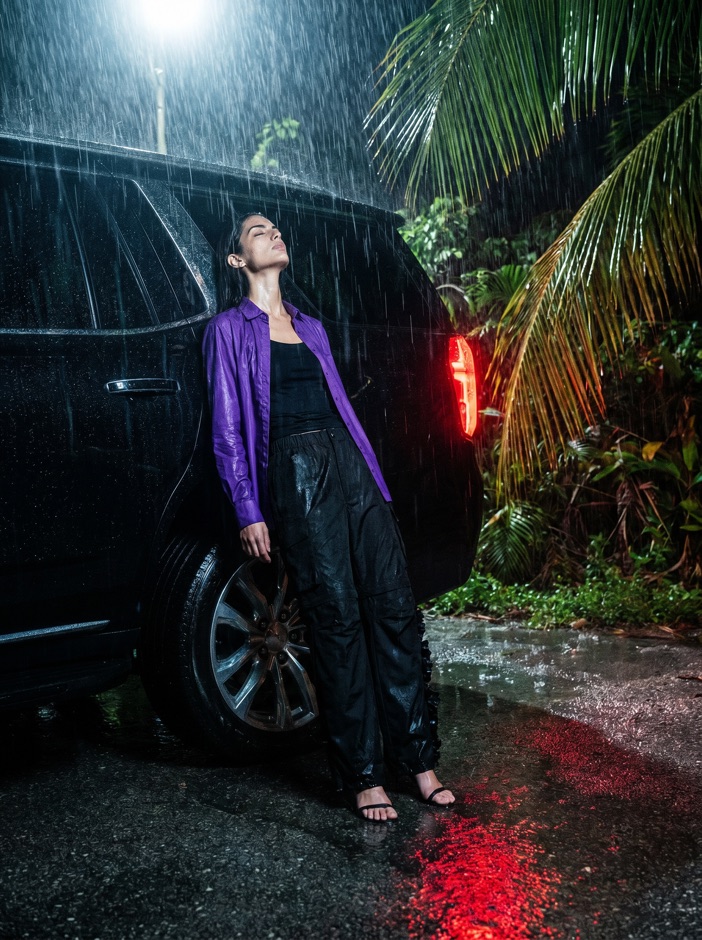 Editorial AI fashion campaign, model in a purple suit beside a car at night